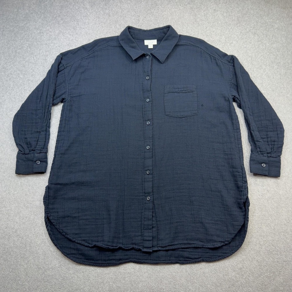 Pure Jill Shirt Womens Petite Large Navy Gauze Long Sleeve Button Front Tunic